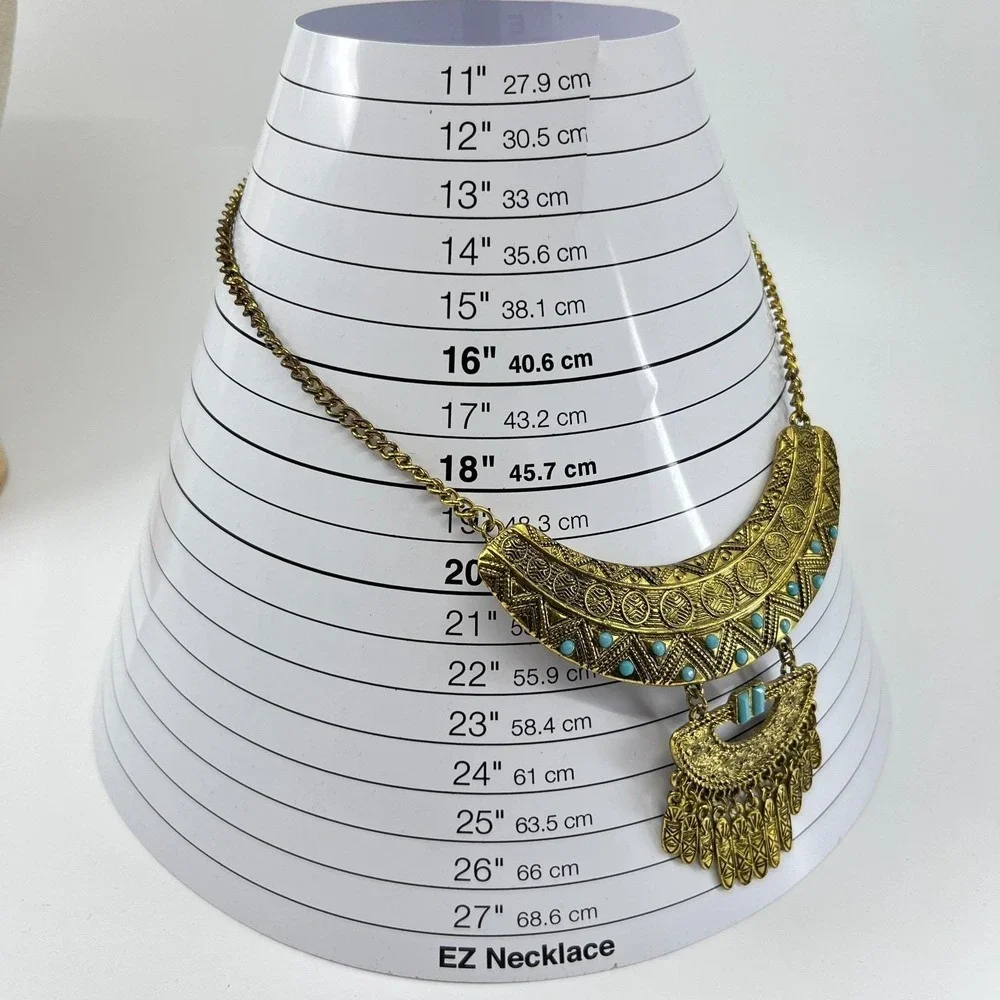 VTG Retro Antique Gold Tone Bib Statement Necklace Boho Turquoise‎ Color Accents